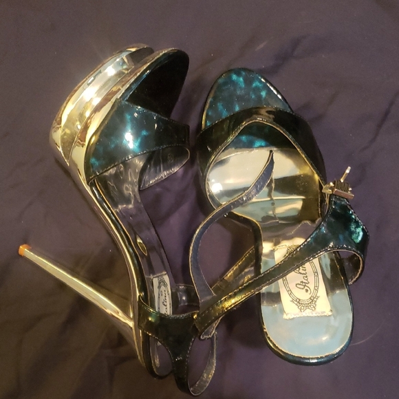 Italina Shiny Black and Gold Heels - Picture 1 of 4